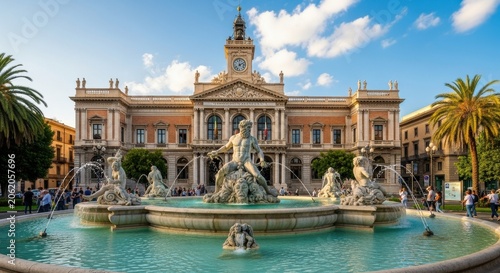 Historic Fountain and Building Facade in Italian City Square.