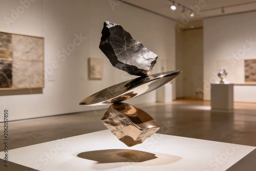 Floating Metallic Stone Sculpture in Gallery