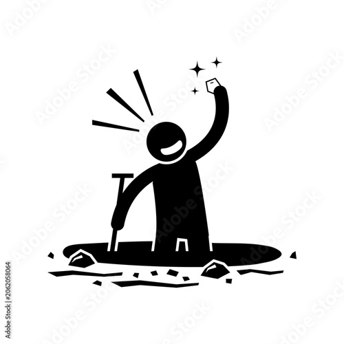 Miner finding diamond gold gemstone inside hole pictogram icon. Cartoon stickman illustration.