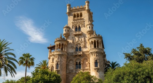 Historic Italian Castle Tower Surrounded by Lush Greenery and Palm Trees Under a Bright Blue Sky.