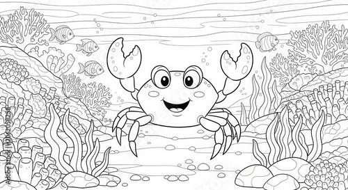 Happy Crab Underwater Scene Coloring Page for Kids.