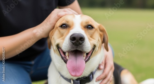Happy Dog Being Petted by Owner Outdoors.