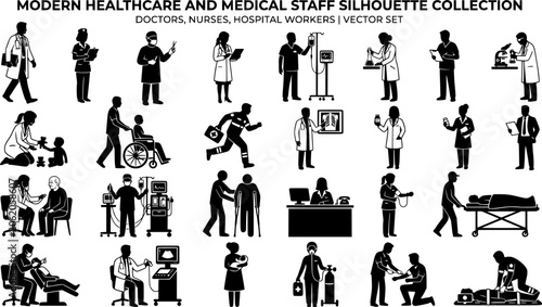 Modern Healthcare and Medical Staff Silhouette Collection, Doctors Nurses Hospital Worker Vector Set