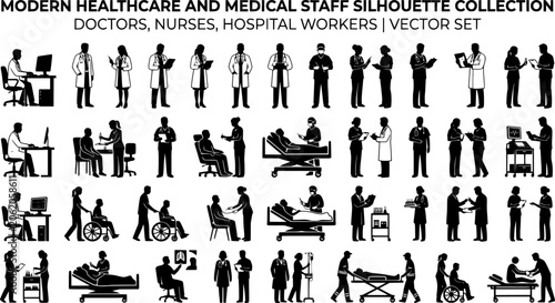 Modern Healthcare and Medical Staff Silhouette Collection, Doctors Nurses Hospital Worker Vector Set