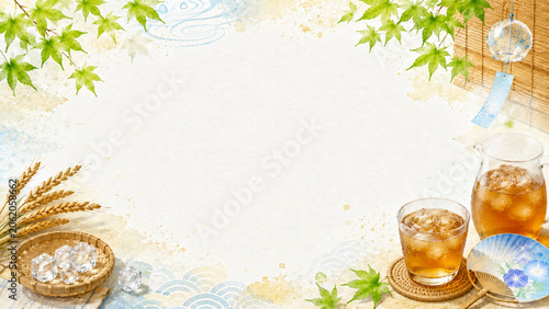 麦茶と青もみじの涼やかな夏の和風フレーム背景/Refreshing Japanese Summer Frame Background with Barley Tea and Green Maple Leaves Generative AI