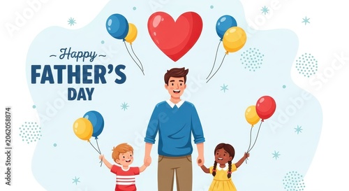 Happy Fathers Day Celebration with Father and Children Holding Balloons and Heart Symbol.