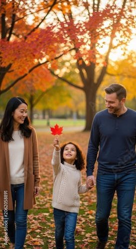 Happy family walking in autumn park with colorful leaves.