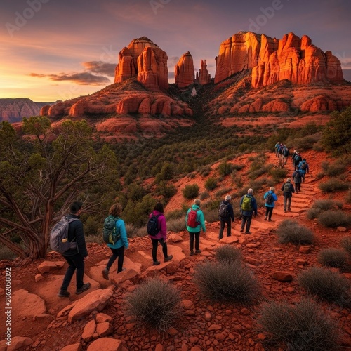 Hikers explore scenic red rock formations at sunset in Sedona Arizona.