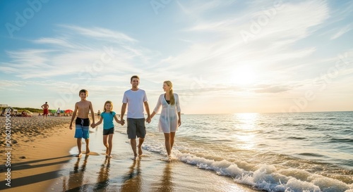 Happy family walking on beach at sunset holding hands.