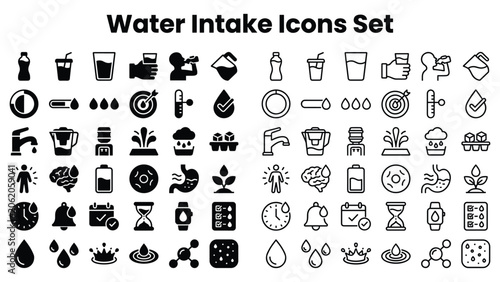 Foto Water intake icons set for healthy hydration and wellness symbols