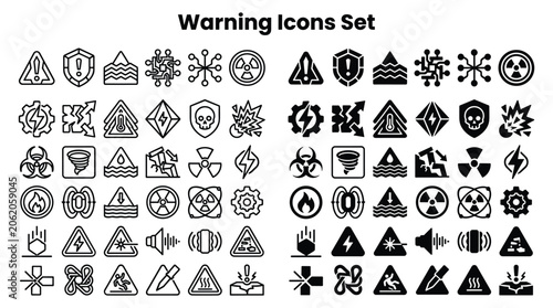 Photos Warning icons set depicting various symbols and signs.