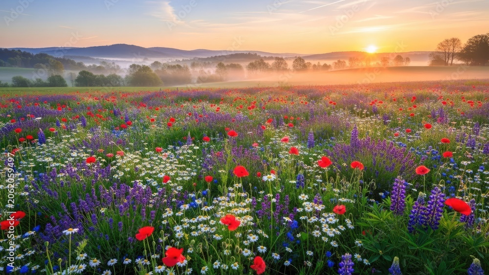 Obraz premium Wildflower field at sunrise with morning mist.