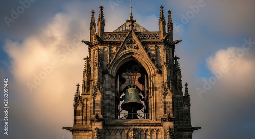 Historic Bell Tower with Ornate Gothic Architecture Against Dramatic Sky.