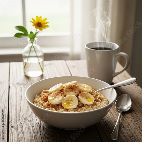 Healthy Oatmeal with Banana Slices and Coffee for Breakfast.