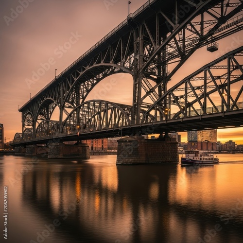 Historic Steel Truss Bridge Over Calm River at Sunset.
