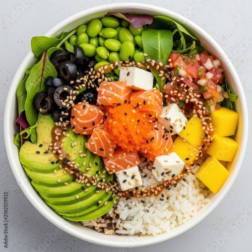 Healthy Salmon Poke Bowl with Fresh Ingredients.