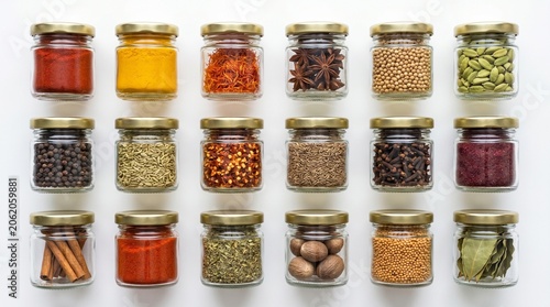 Top-down view of fifteen glass spice jars with various whole and ground spices