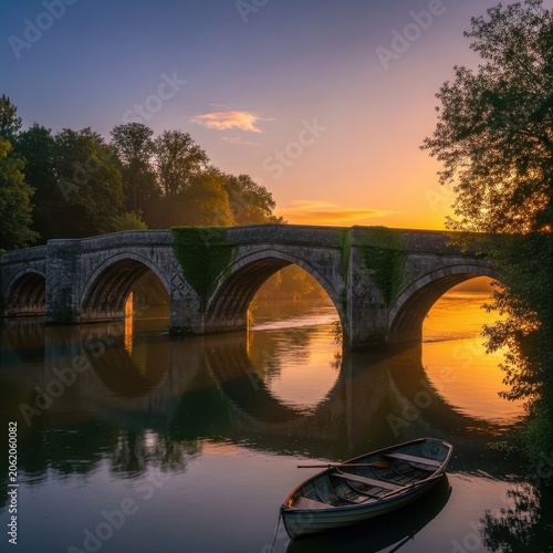 Historic Stone Bridge Over Calm River at Sunrise with Rowboat.