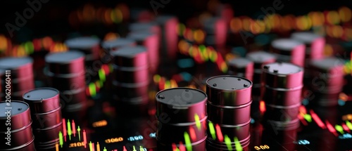 The stirring giant: global risks in energy markets and commodity trade. Crypto investment. Oil barrels in storage: subtle light and arrangement shift the scene. Market volatility.