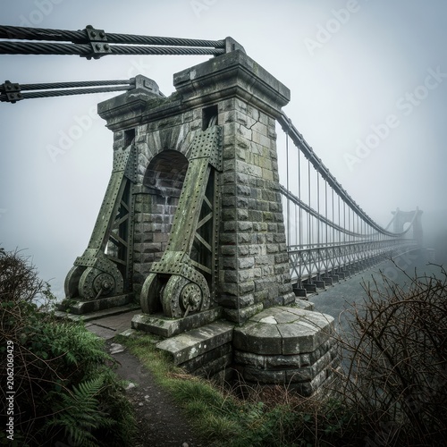 Historic Stone Bridge Tower in Foggy Weather.