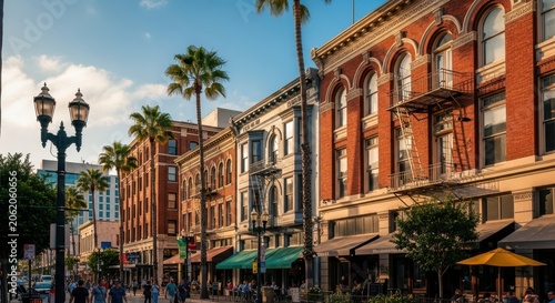 Historic Buildings and Palm Trees on a Sunny Street.
