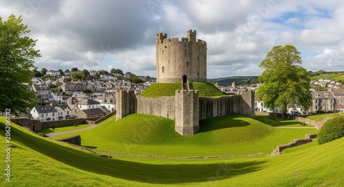 Historic Castle Fortress on Green Hilltop with Town Below.
