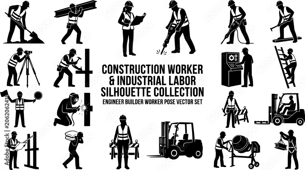Naklejka premium Construction Worker and Industrial Labor Silhouette Collection, Engineer Builder Worker Pose Vector Set