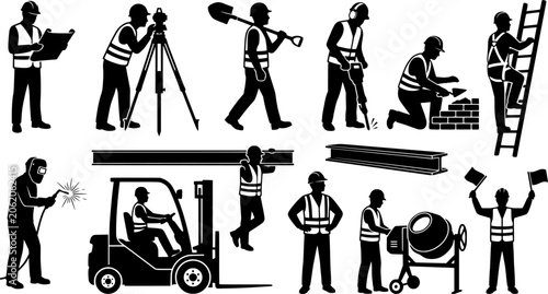 Construction Worker and Industrial Labor Silhouette Collection, Engineer Builder Worker Pose Vector Set
