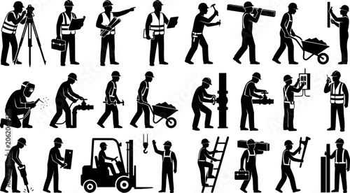 Construction Worker and Industrial Labor Silhouette Collection, Engineer Builder Worker Pose Vector Set