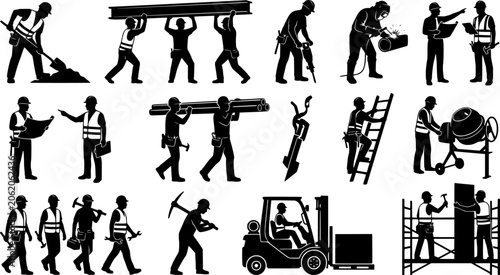 Construction Worker and Industrial Labor Silhouette Collection, Engineer Builder Worker Pose Vector Set