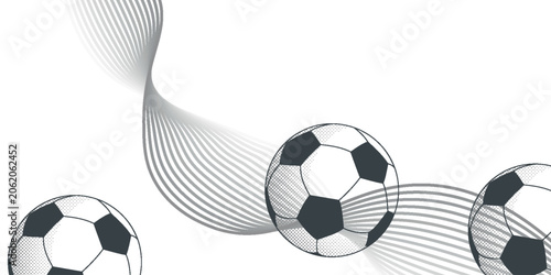 Modern white background with soccer ball icon and dynamic wavy lines. Sporty design with football theme. Minimalist concept with elegant flowing line elements. EPS. 3