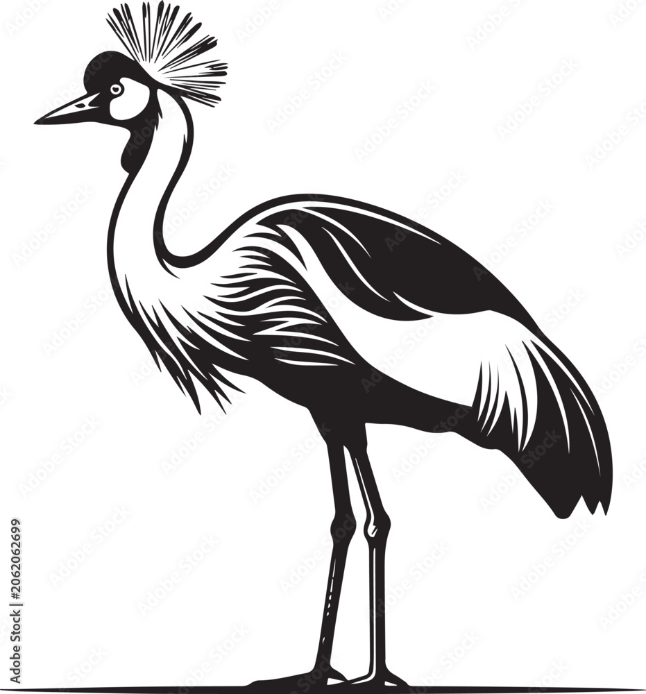 Obraz premium Black and white crowned crane bird standing on one leg Vector