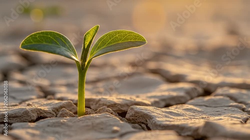Green seedling growing in cracked dry soil
