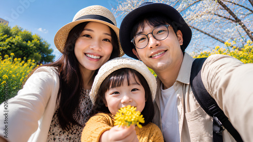 Happy Family Selfie in Spring Garden – Smiling Parents and Child Outdoor Portrait, Lifestyle Photography, 8K Ultra HD
