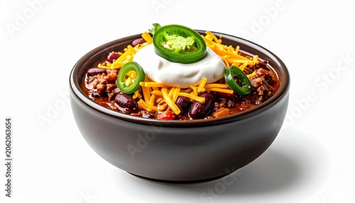 hot spicy beef chili con carne topped with sour cream and jalapenos