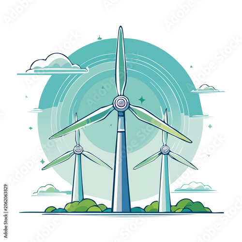 Wind turbine with power lines and grass
