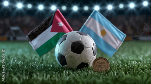 Foto Jordan vs Argentina soccer match concept with national flags and football on gre