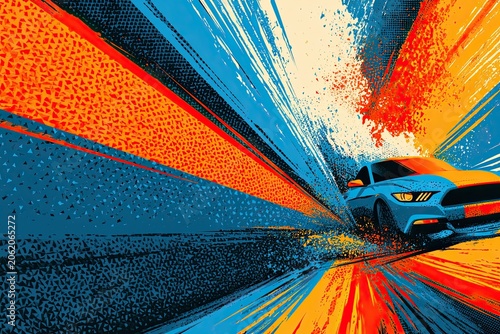 Vibrant abstract image of a speeding sports car with sharp blue and orange geometric lines radiating from it, conveying a sense of dynamic motion and energy.