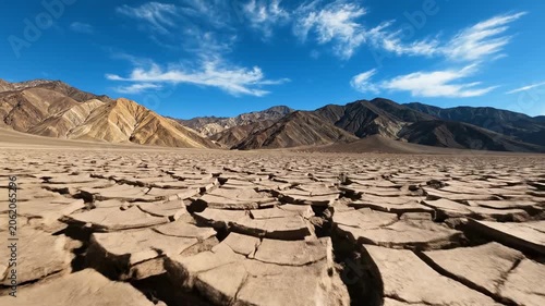 Low angle view of cracked desert ground and mountains