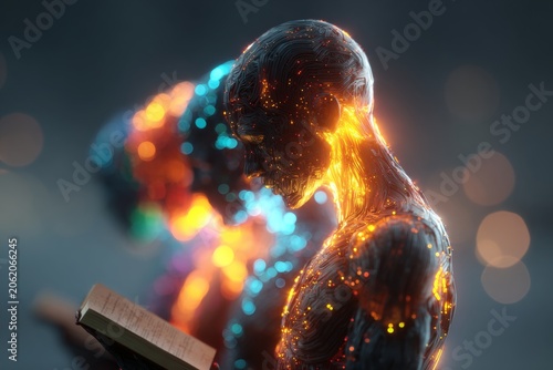 The bright path of ai education: a narrative of innovation. Social media network. Robot engages with a bright book, synapses electrified in ai's learning odyssey. People connecting online.