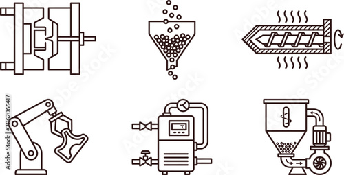 Industrial manufacturing process line icons featuring plastic injection molding extrusion and robotic automation ideal for engineering factory and technology-related designs