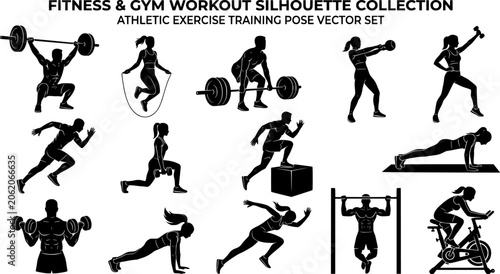 Fitness and Gym Workout Silhouette Collection, Athletic Exercise Training Pose Vector Set