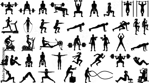 Fitness and Gym Workout Silhouette Collection, Athletic Exercise Training Pose Vector Set