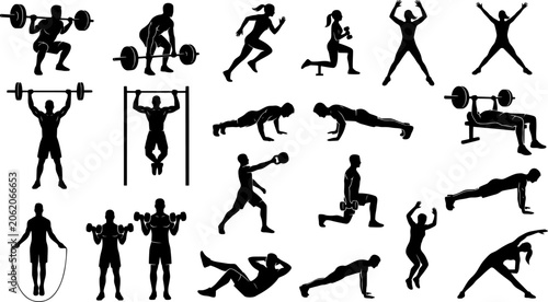 Fitness and Gym Workout Silhouette Collection, Athletic Exercise Training Pose Vector Set