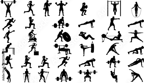 Fitness and Gym Workout Silhouette Collection, Athletic Exercise Training Pose Vector Set