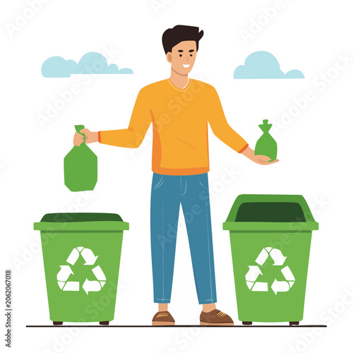 Man holding recycling bottles in cartoon style