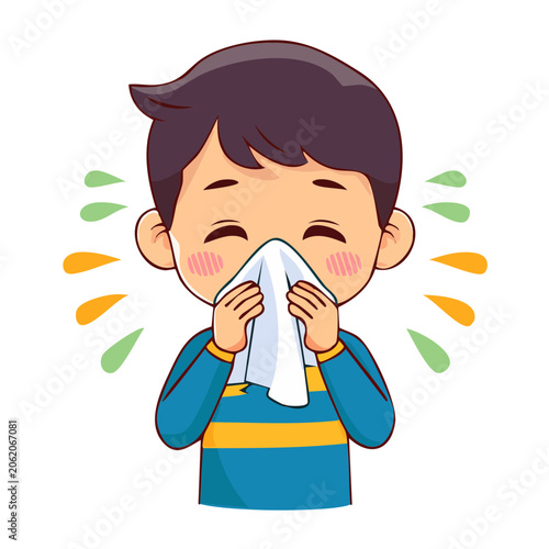 Sick person holding head in cartoon style
