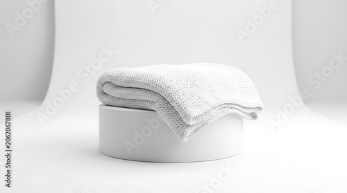 Folded white knitted blanket mockup on round pedestal display for soft home textile branding and interior presentation