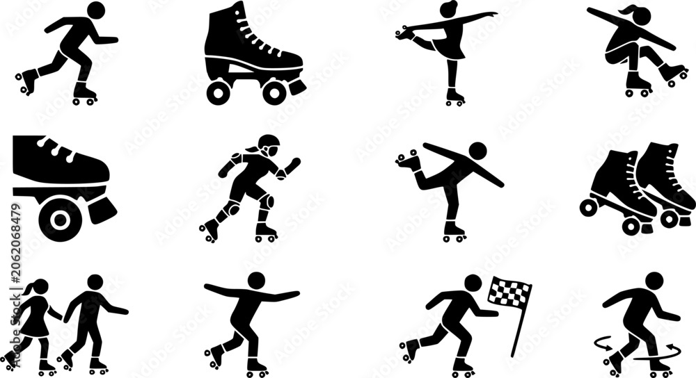 Fototapeta premium Roller skating silhouette icon set, flat black glyph style, pure white background