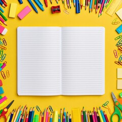Notebook with colorful stationery and school supplies on a bright yellow background